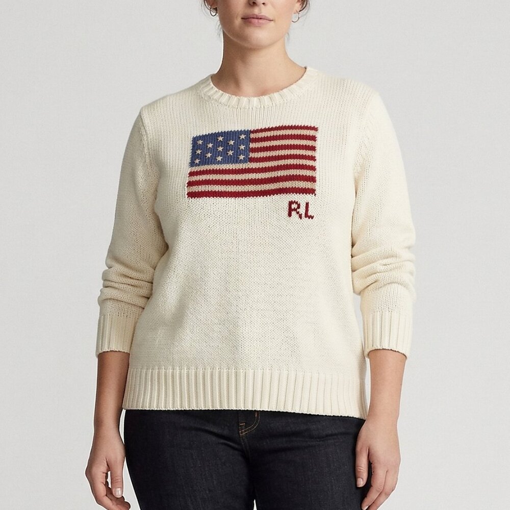Ralph Lauren Vintage American Flag Knit Sweater Cream/Ivory Size XL